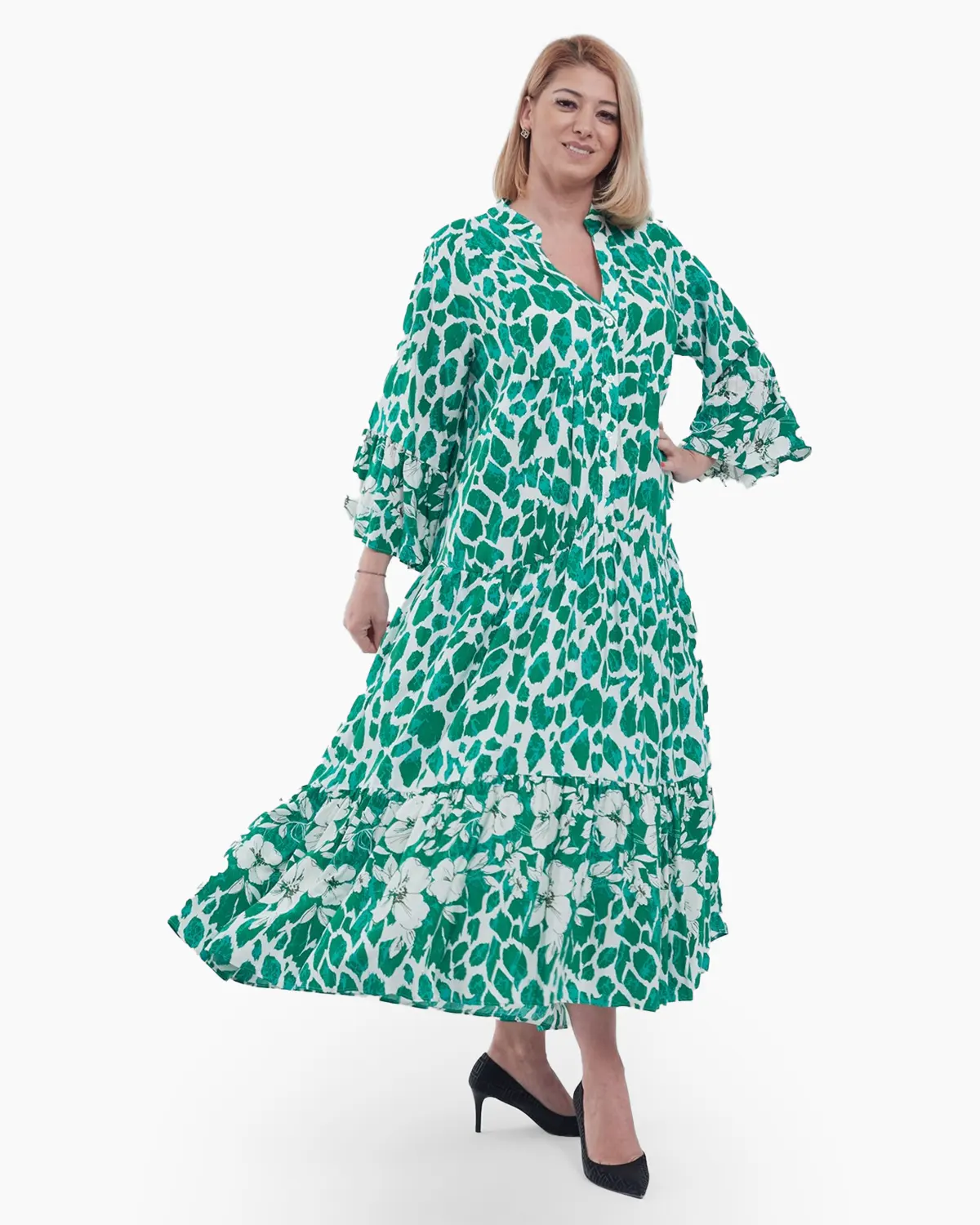 Rochie Maxi Vaporoasă cu Imprimeu Floral Verde și Alb – Stil Lejer și Elegant [3]