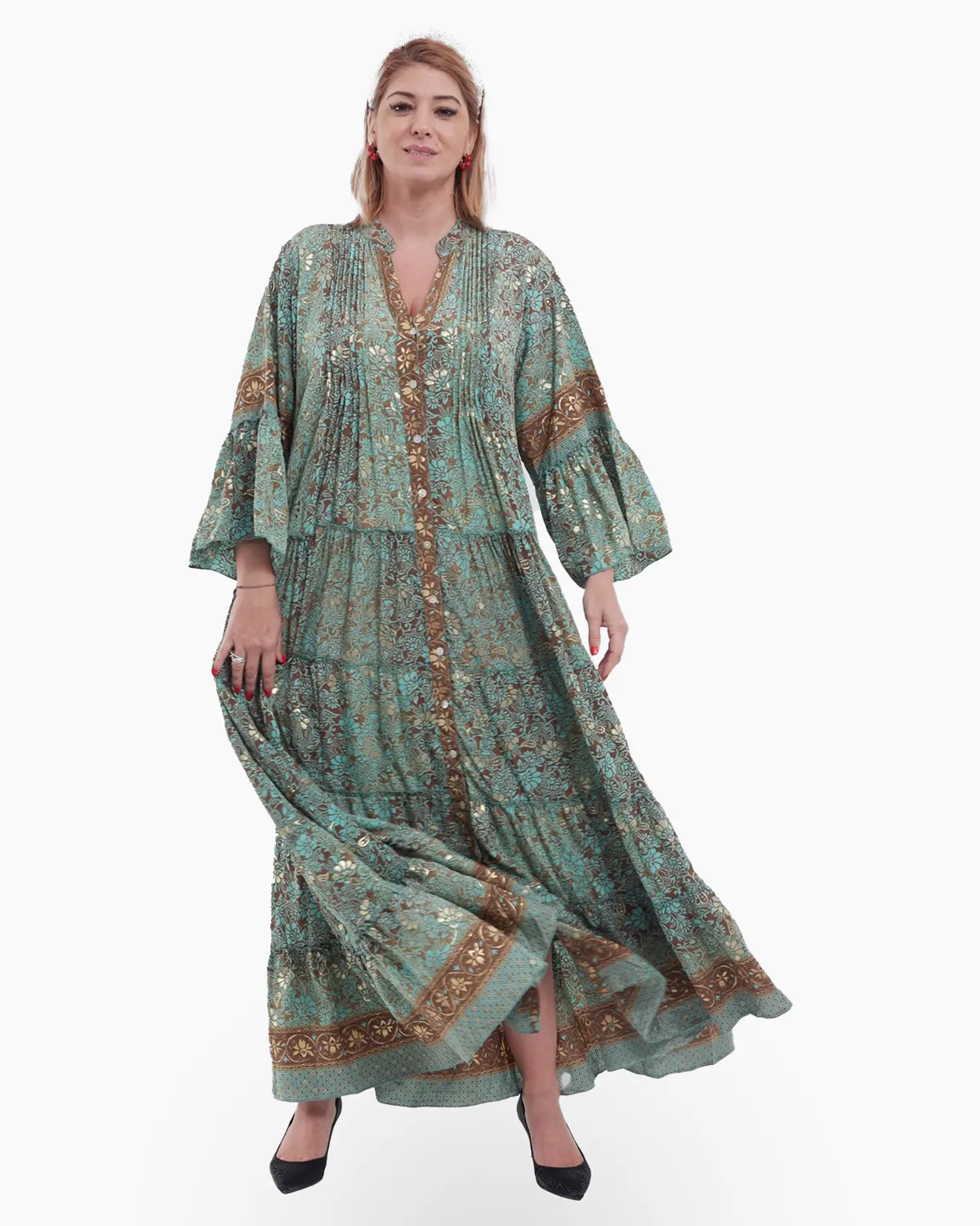 Rochie maxi vernil elegantă din mătase cu imprimeu floral, volane și maneci bufante [2]