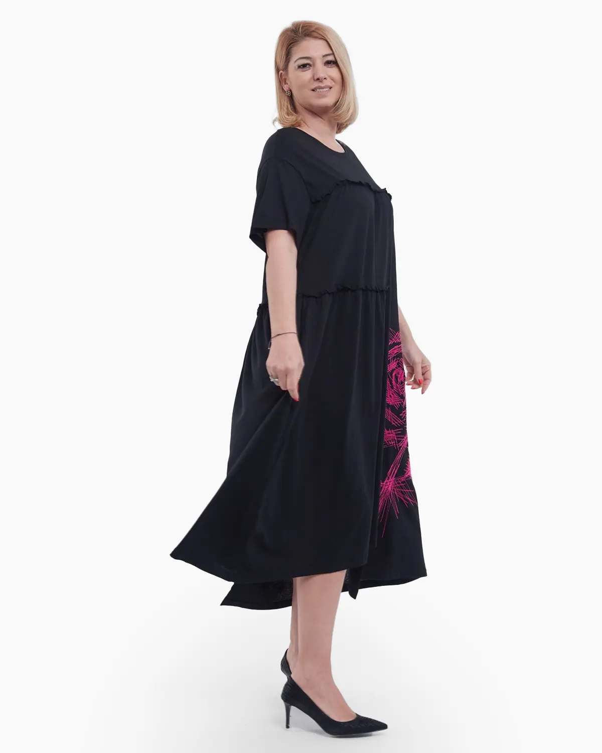 Rochie midi A-line din bumbac cu imprimeu floral, design asimetric lejer si buzunare discrete, pentru un stil casual rafinat, negru [3]
