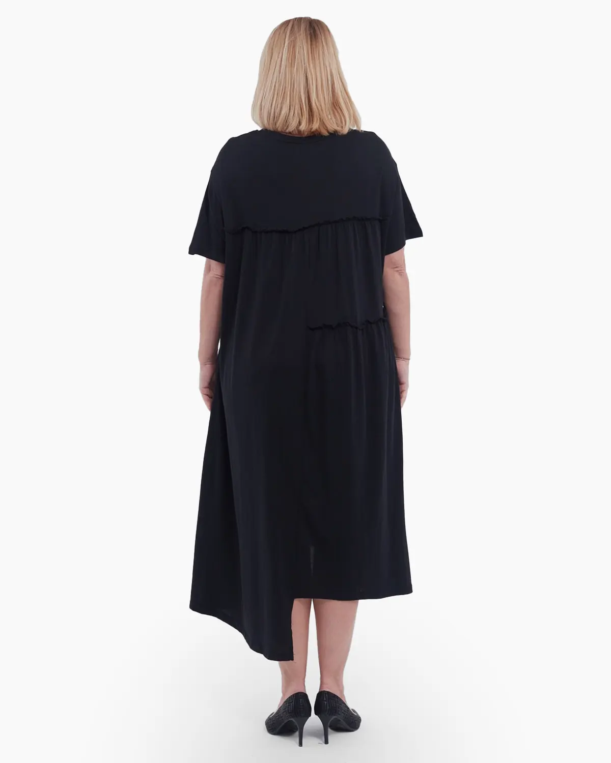Rochie midi A-line din bumbac cu imprimeu floral, design asimetric lejer si buzunare discrete, pentru un stil casual rafinat, negru [2]