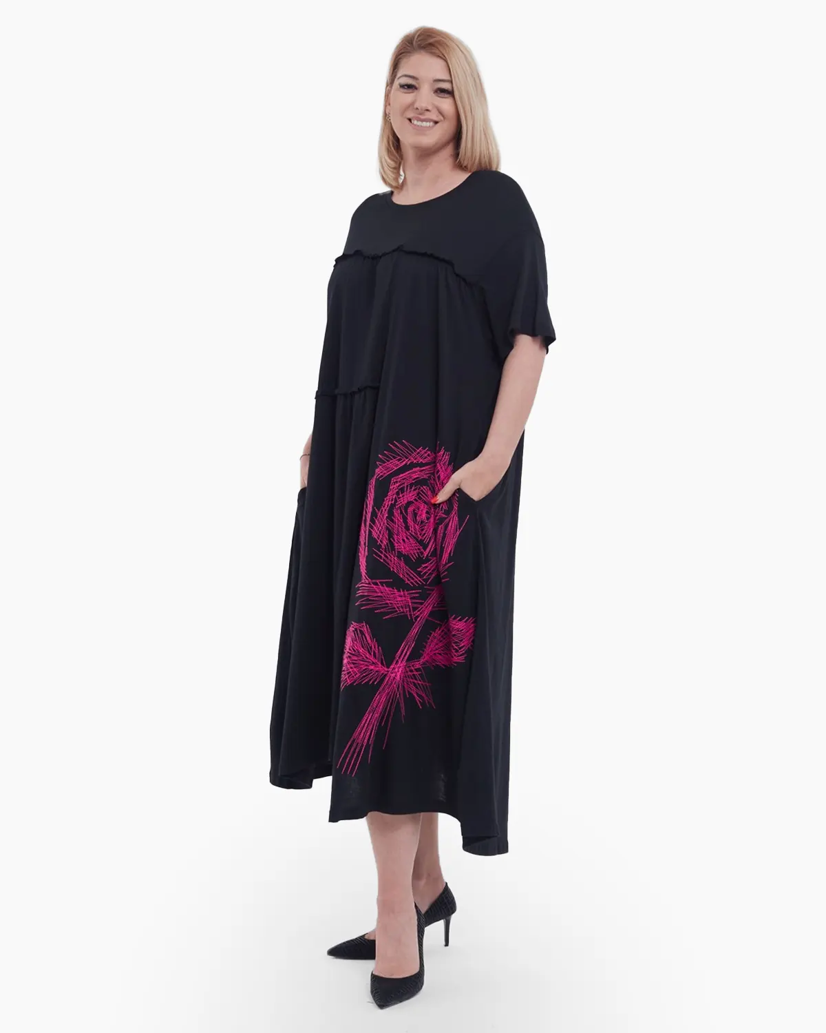 Rochie midi A-line din bumbac cu imprimeu floral, design asimetric lejer si buzunare discrete, pentru un stil casual rafinat, negru [4]