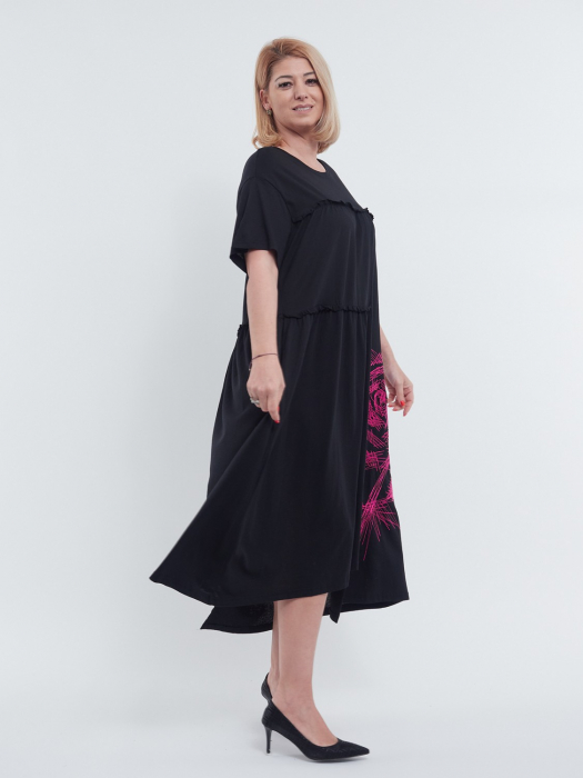 Rochie midi A-line din bumbac cu imprimeu floral, design asimetric lejer si buzunare discrete, pentru un stil casual rafinat, negru [3]