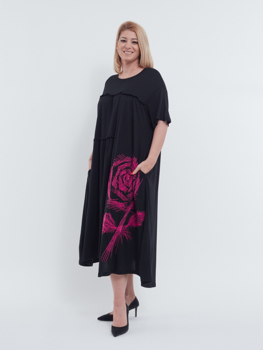 Rochie midi A-line din bumbac cu imprimeu floral, design asimetric lejer si buzunare discrete, pentru un stil casual rafinat, negru [4]
