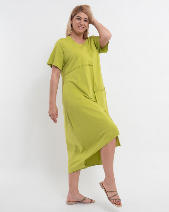 Rochie midi asimetrică din bumbac lime cu buzunare [3]