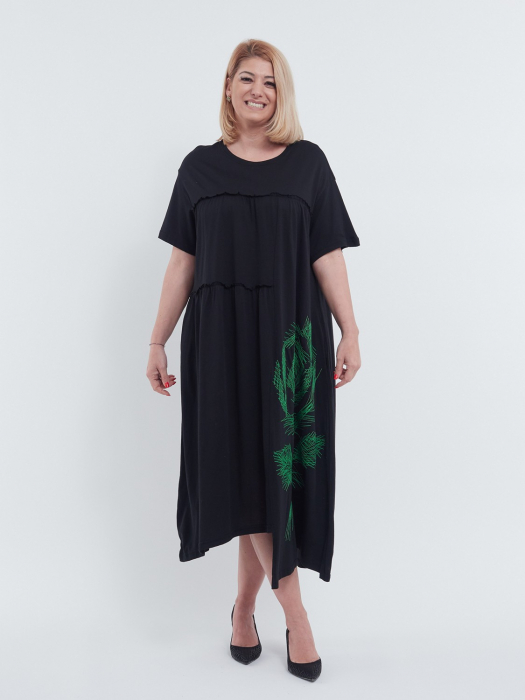 Rochie midi asimetrica eleganta din bumbac cu imprimeu floral rafinat buzunare functionale si croiala lejera A line negru [3]