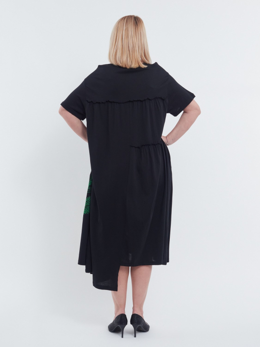 Rochie midi asimetrica eleganta din bumbac cu imprimeu floral rafinat buzunare functionale si croiala lejera A line negru [2]