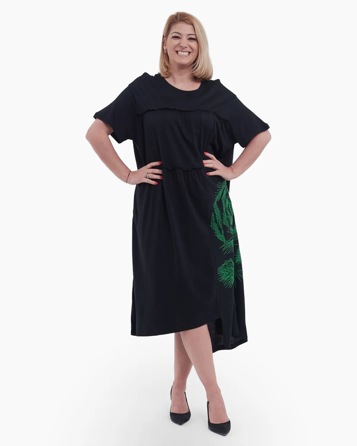 Rochie midi asimetrica eleganta din bumbac cu imprimeu floral rafinat buzunare functionale si croiala lejera A line negru [1]