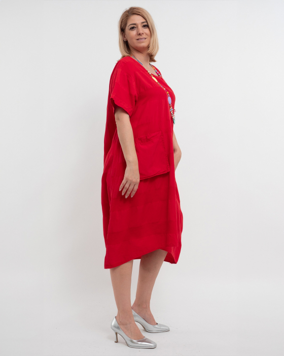 Rochie midi asimetrică roșie din bumbac cu dungi și buzunare frontale [3]