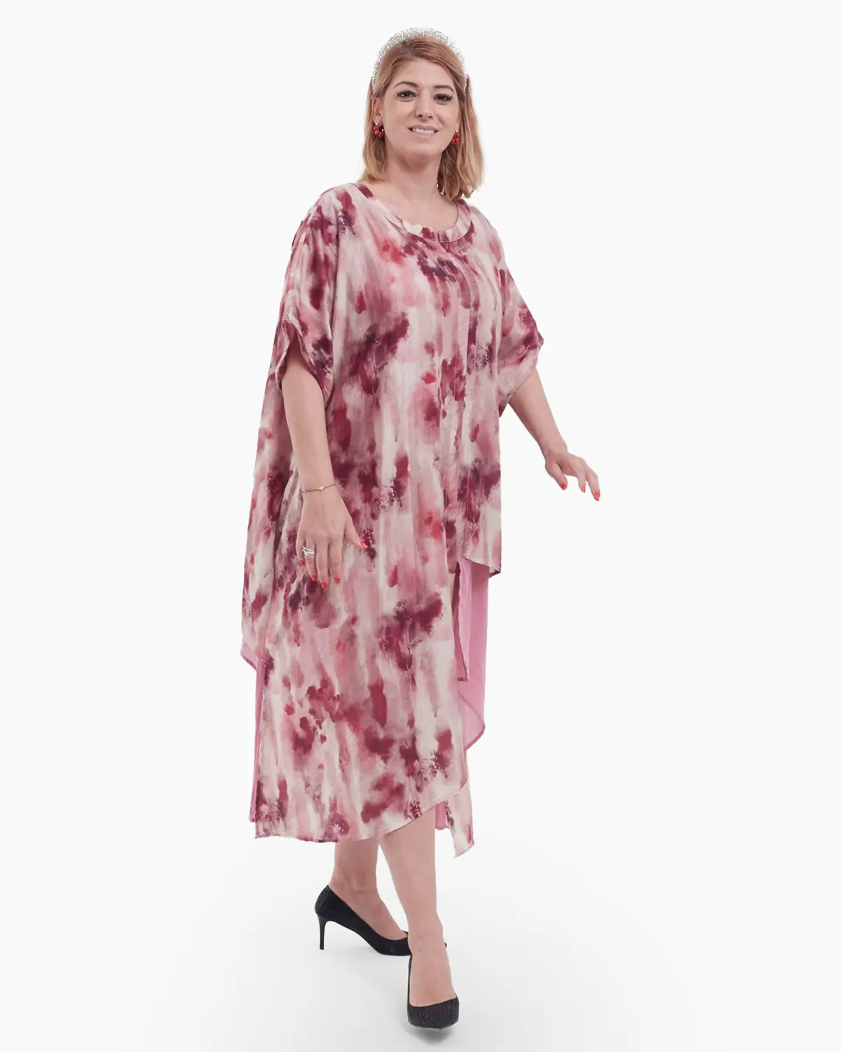 Rochie midi boho cu imprimeu abstract și design asimetric fluid, roz [4]