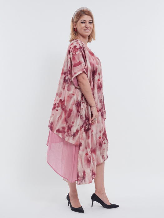 Rochie midi boho cu imprimeu abstract și design asimetric fluid, roz [2]