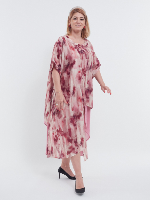 Rochie midi boho cu imprimeu abstract și design asimetric fluid, roz [4]