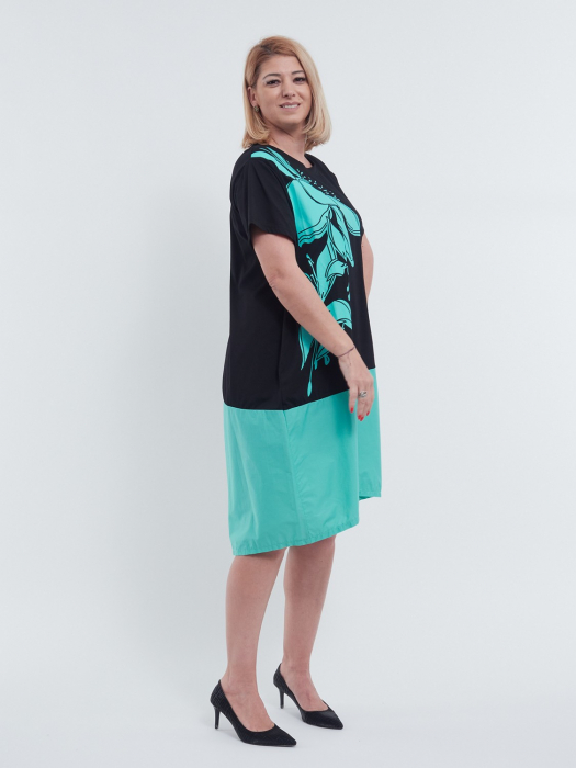 Rochie midi de vara casual chic asimetrica lejera din bumbac cu imprimeu floral artistic pe umar si buzunare discrete negru turcoaz [2]