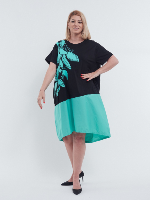 Rochie midi de vara casual chic asimetrica lejera din bumbac cu imprimeu floral artistic pe umar si buzunare discrete negru turcoaz [3]