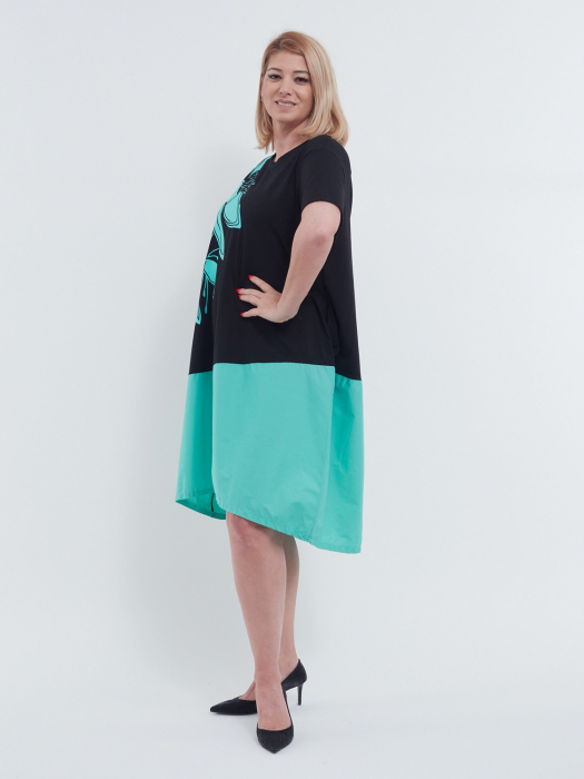 Rochie midi de vara casual chic asimetrica lejera din bumbac cu imprimeu floral artistic pe umar si buzunare discrete negru turcoaz [4]