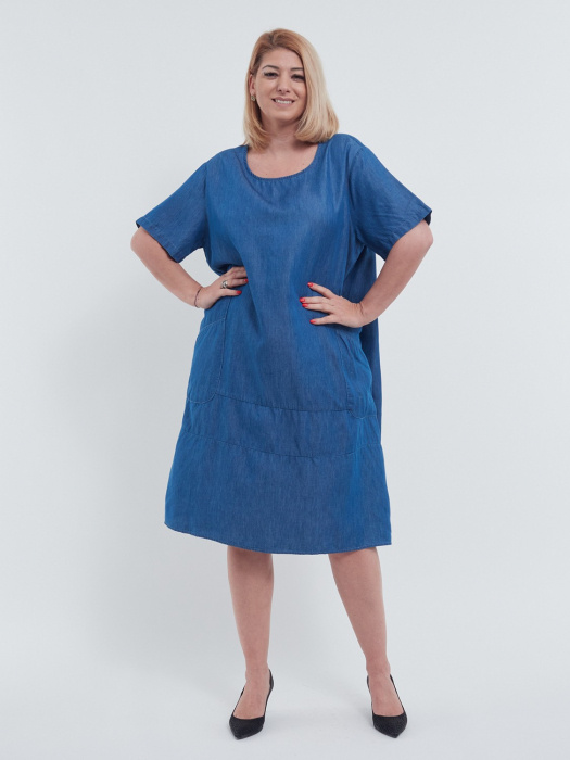 Rochie midi de vara casual croi A lejer din bumbac si lyocel cu buzunare frontale aplicate talie unica ideala pentru confort zilnic albastru [1]