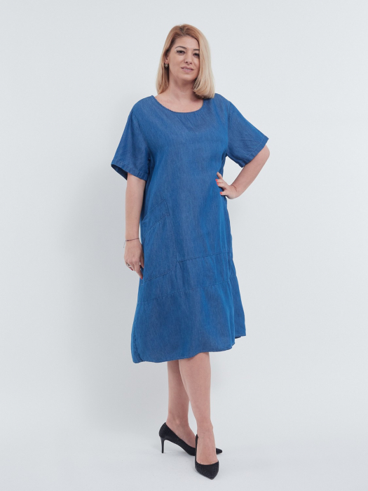 Rochie midi de vara casual croi A lejer din bumbac si lyocel cu buzunare frontale aplicate talie unica ideala pentru confort zilnic albastru [3]