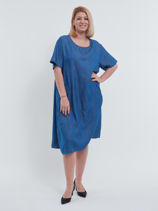 Rochie midi de vara casual croi A lejer din bumbac si lyocel cu buzunare frontale aplicate talie unica ideala pentru confort zilnic albastru [4]