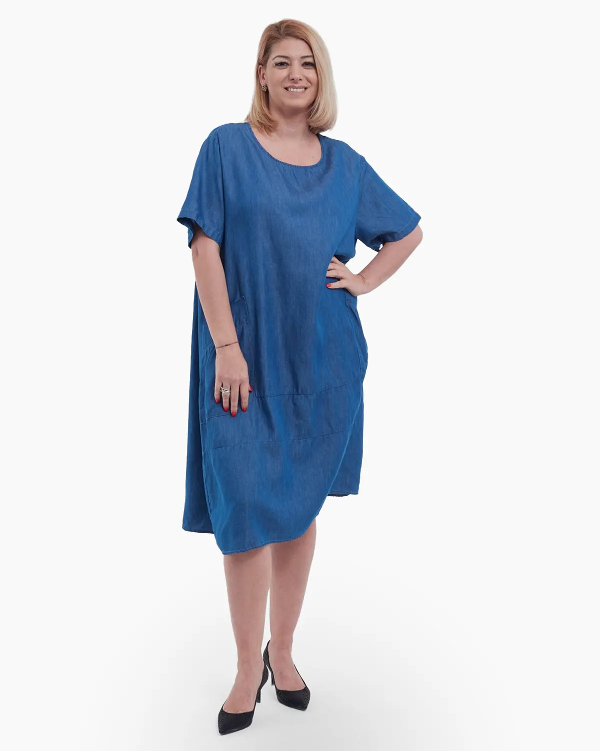Rochie midi de vara casual croi A lejer din bumbac si lyocel cu buzunare frontale aplicate talie unica ideala pentru confort zilnic albastru [4]