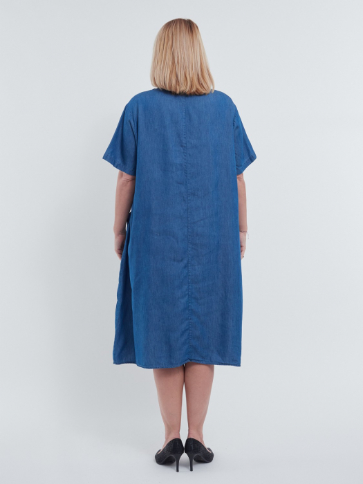 Rochie midi de vara casual croi A lejer din bumbac si lyocel cu buzunare frontale aplicate talie unica ideala pentru confort zilnic albastru [2]