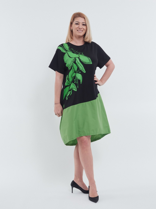Rochie midi de vara casual cu imprimeu floral deosebit, croiala asimetrica lejera si buzunare practice, din bumbac confortabil, negru si verde [2]
