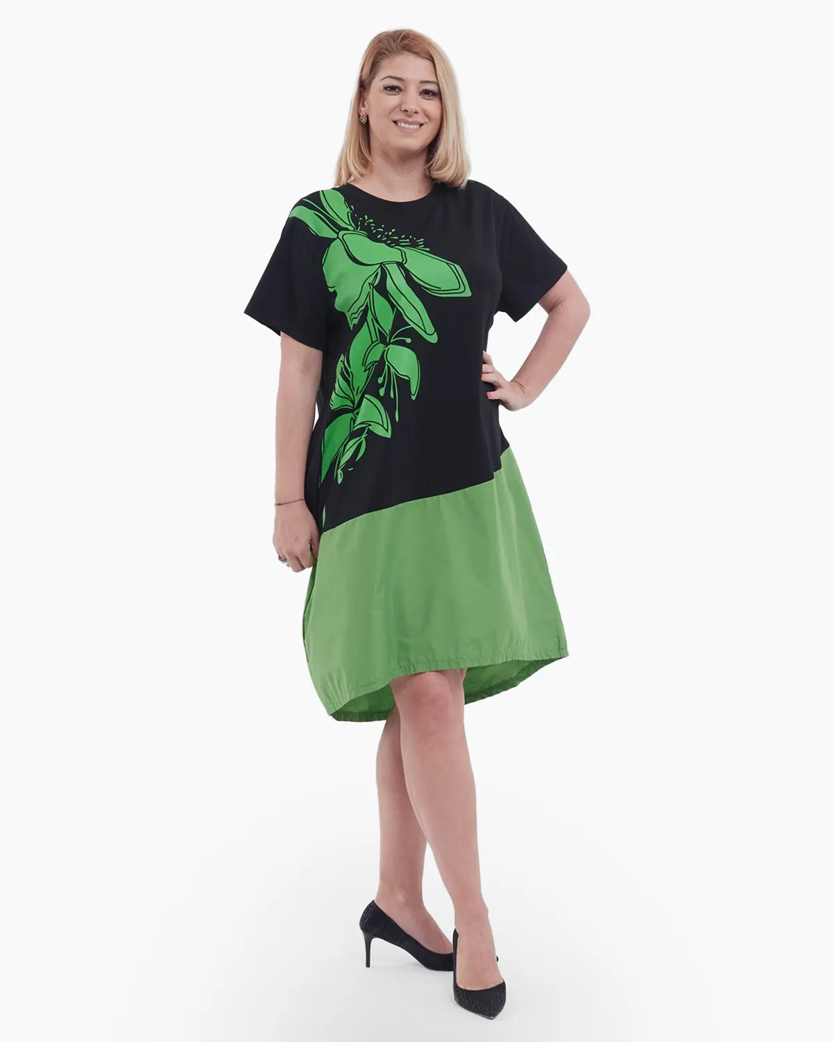 Rochie midi de vara casual cu imprimeu floral deosebit, croiala asimetrica lejera si buzunare practice, din bumbac confortabil, negru si verde [2]