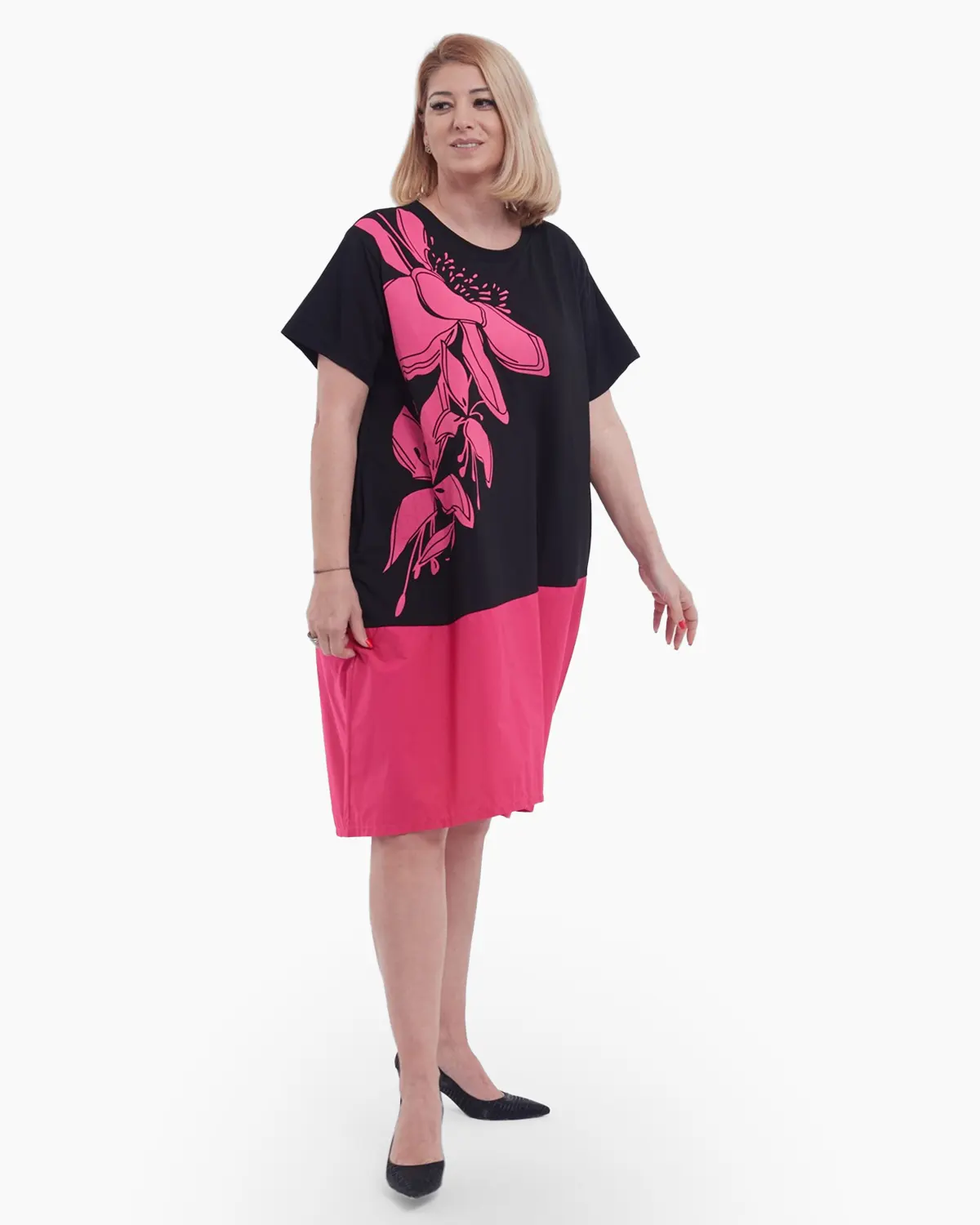 Rochie midi de vara din bumbac lejera cu imprimeu floral pe umar design asimetric si buzunare practice negru ciclam [3]