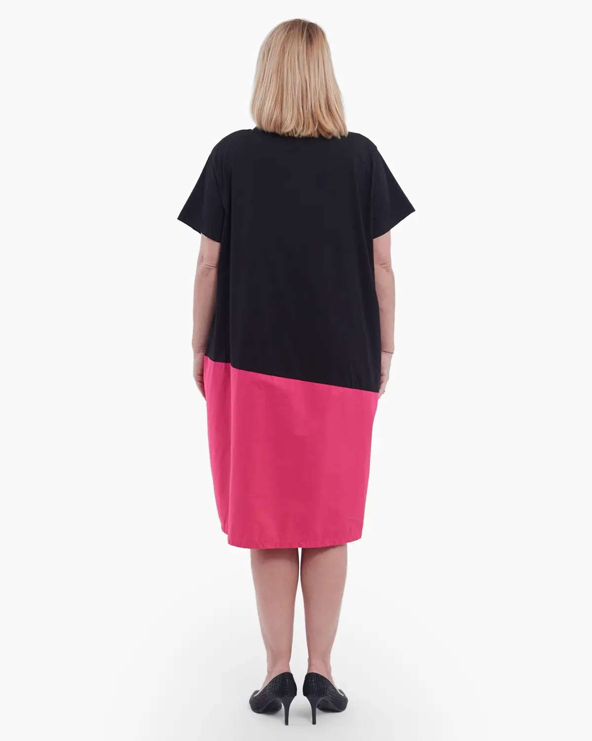 Rochie midi de vara din bumbac lejera cu imprimeu floral pe umar design asimetric si buzunare practice negru ciclam [2]
