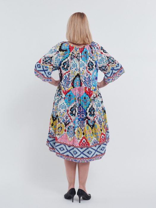 Rochie midi de vara din viscoza cu imprimeu abstract maneci scurte cu volane si snur la guler design lejer cu buzunare vernil [4]
