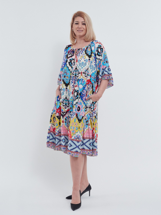Rochie midi de vara din viscoza cu imprimeu abstract maneci scurte cu volane si snur la guler design lejer cu buzunare vernil [3]
