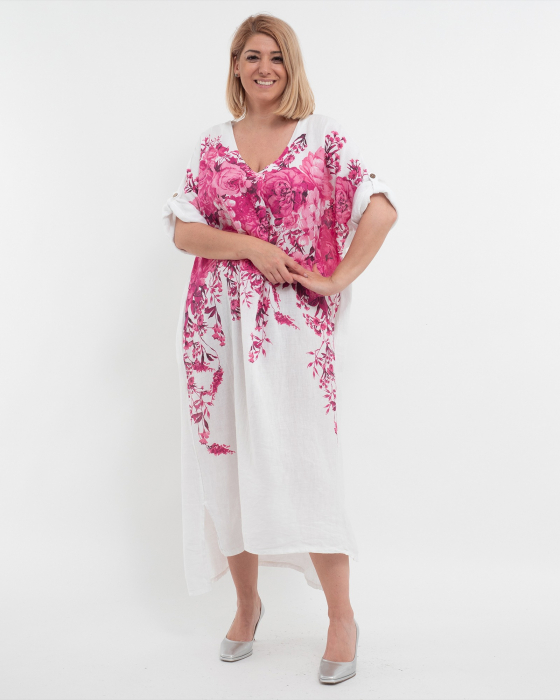 Rochie midi din in albă cu imprimeu floral și croială asimetrică [1]