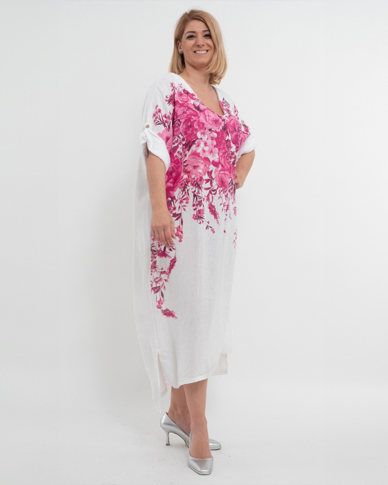 Rochie midi din in albă cu imprimeu floral și croială asimetrică [3]