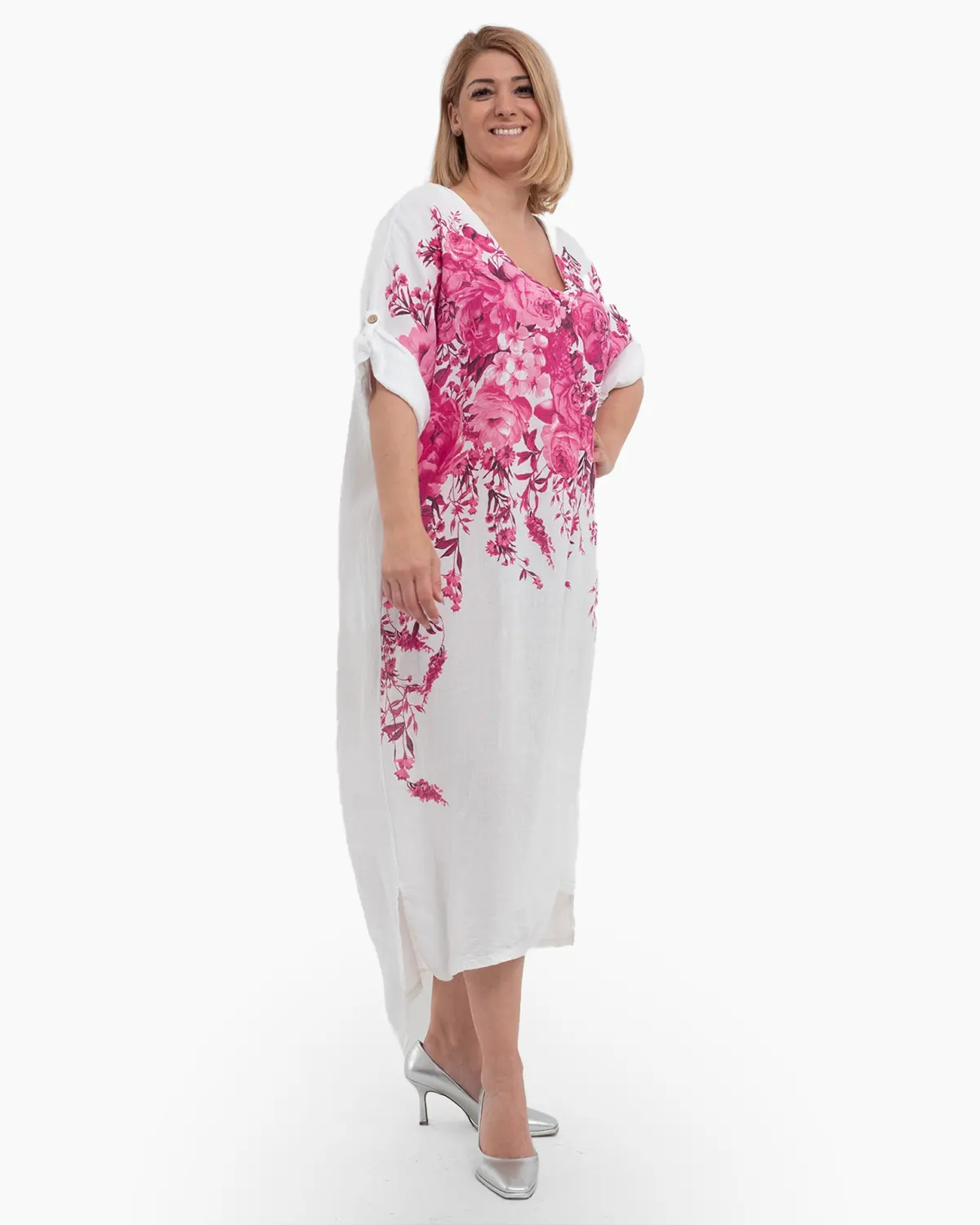 Rochie midi din in albă cu imprimeu floral și croială asimetrică [3]