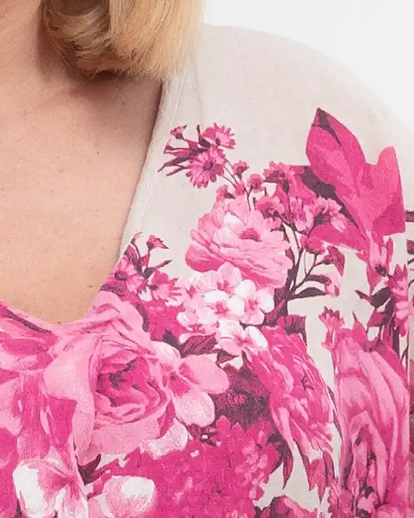 Rochie midi din in bej cu imprimeu floral și croială asimetrică [3]