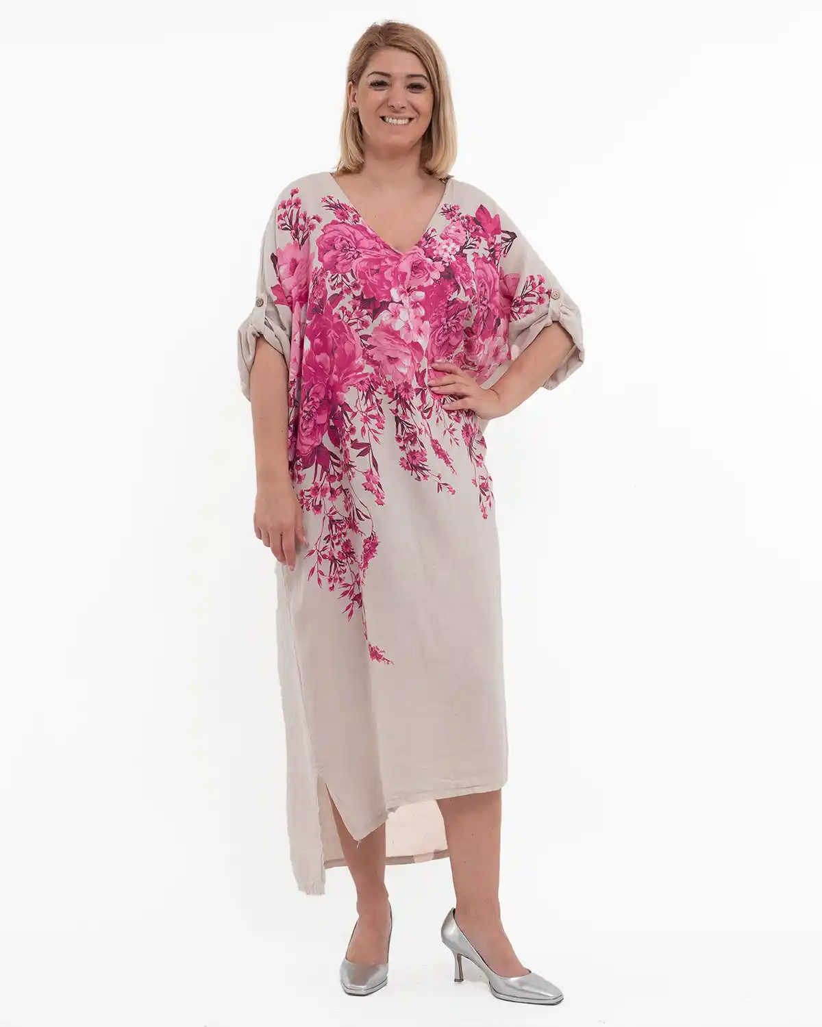 Rochie midi din in bej cu imprimeu floral și croială asimetrică [1]