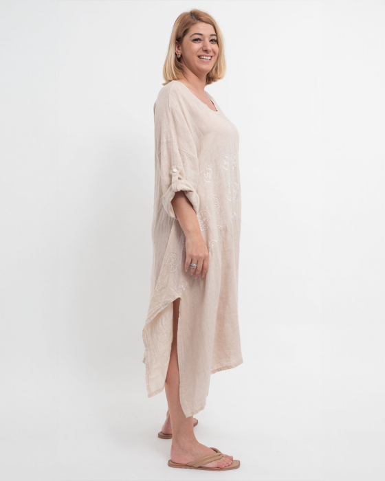 Rochie midi din in cu broderie, despicată în laterale și croială kimono [3]