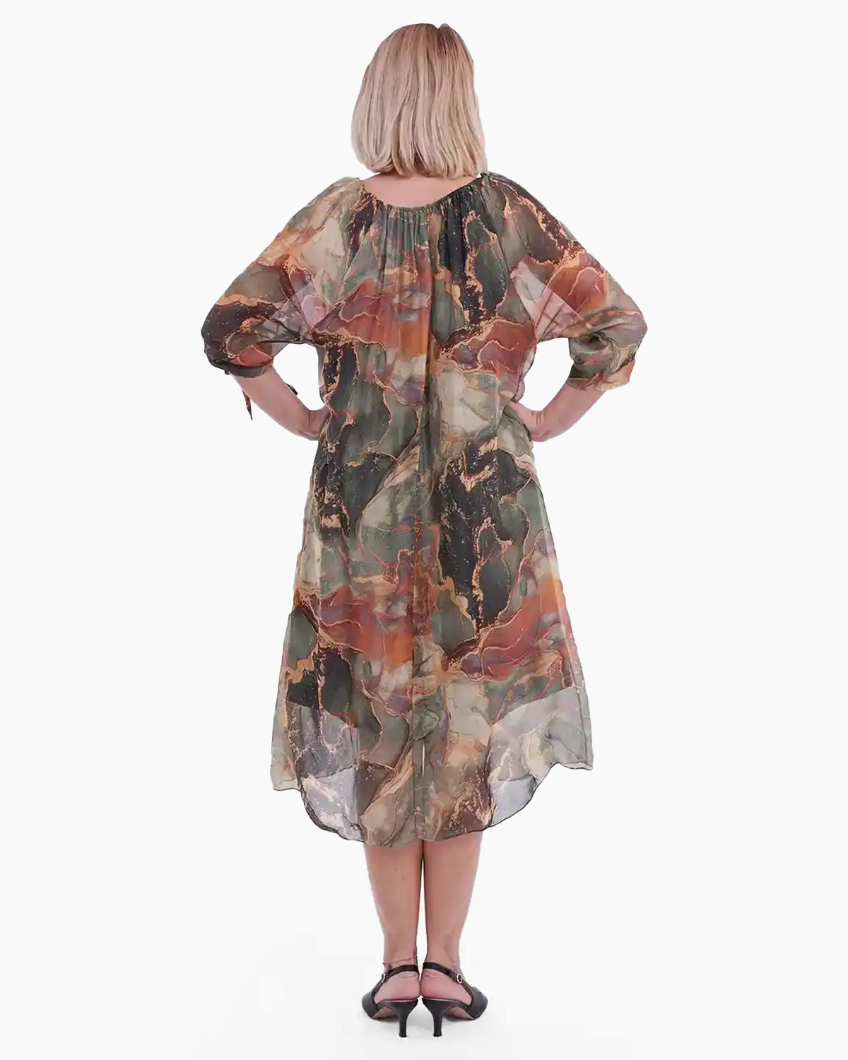 Rochie midi din matase și vâscoză cu imprimeu colorat cu stil kaki cu rosu [2]