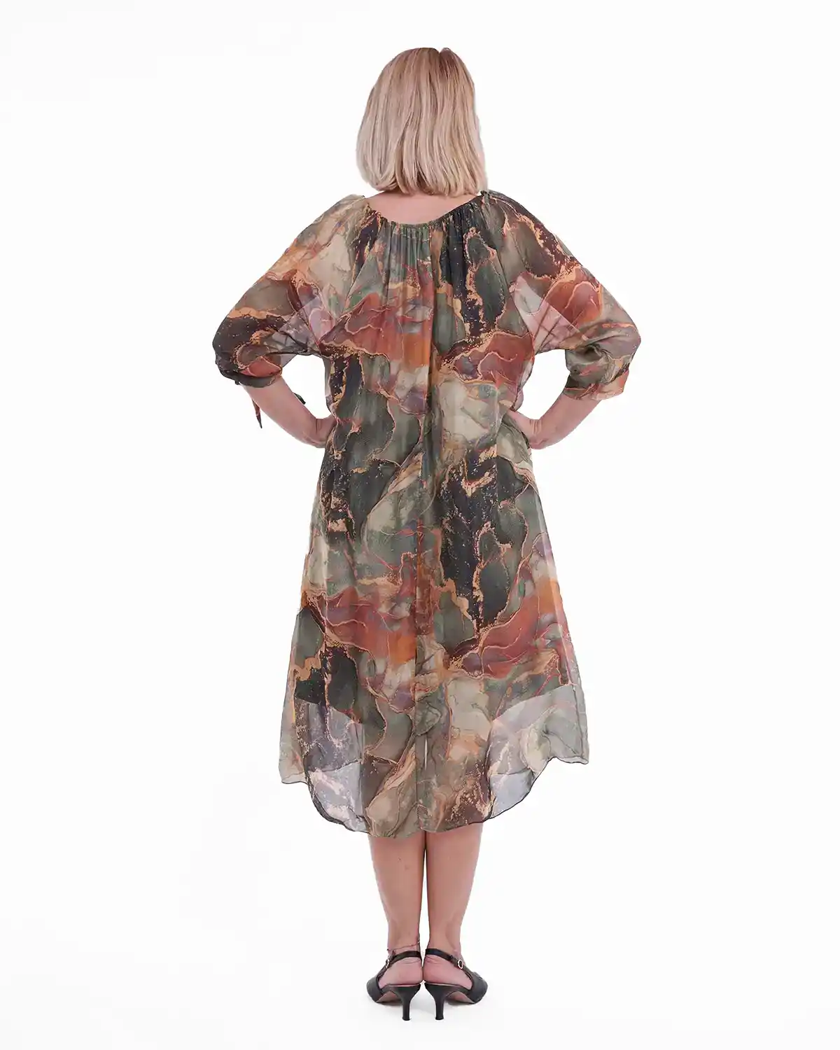 Rochie midi din matase și vâscoză cu imprimeu colorat cu stil kaki cu rosu [2]