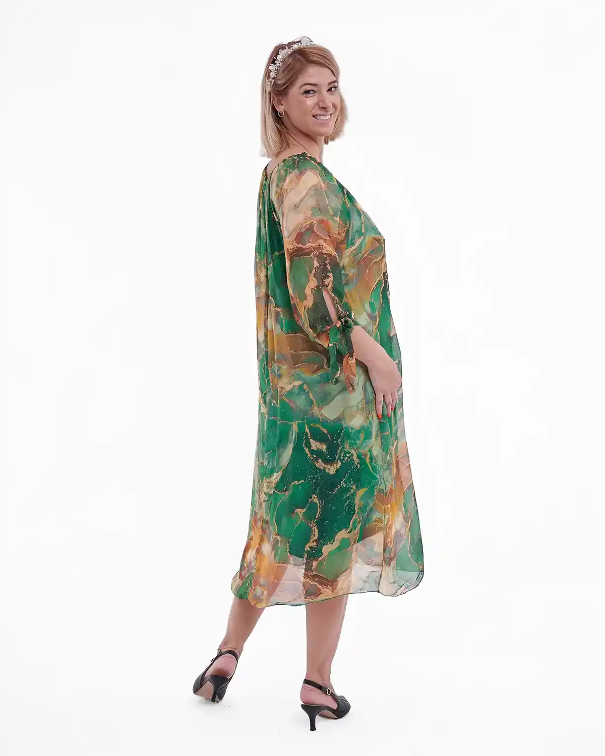 Rochie midi din matase și vâscoză cu imprimeu colorat cu stil verde cu orange [2]