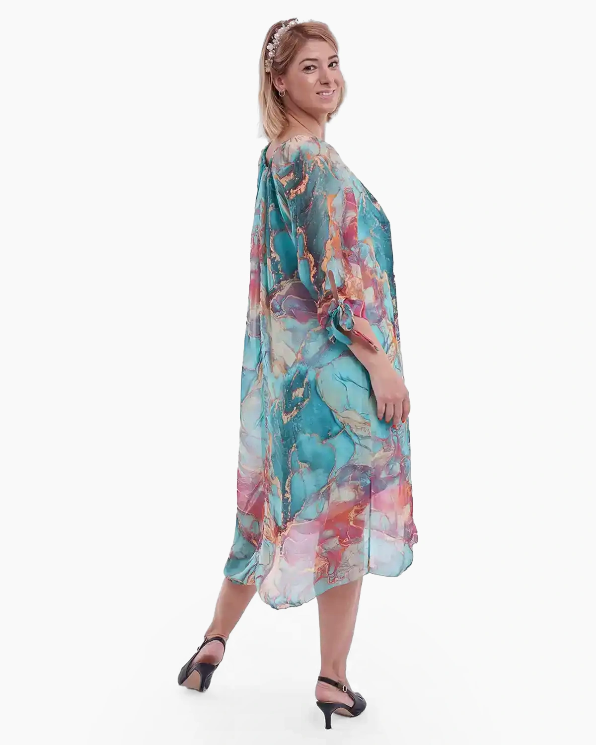 Rochie midi din matase și vâscoză cu imprimeu colorat turcoaz [2]