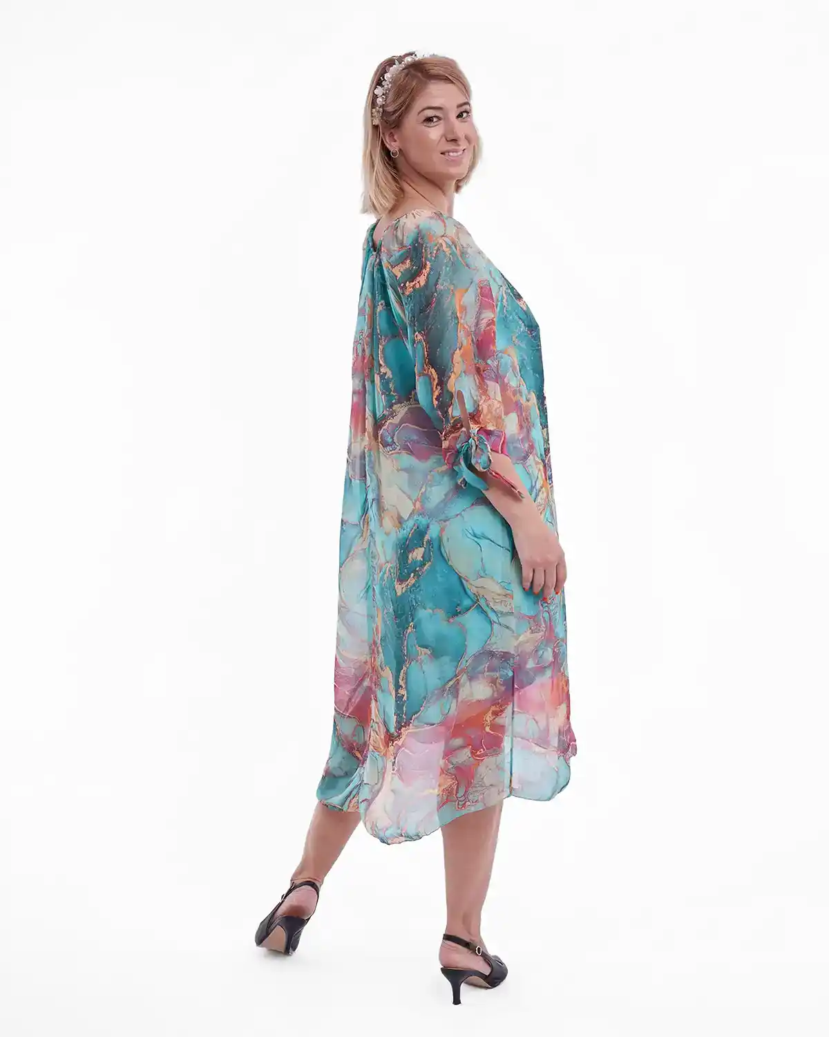 Rochie midi din matase și vâscoză cu imprimeu colorat turcoaz [2]