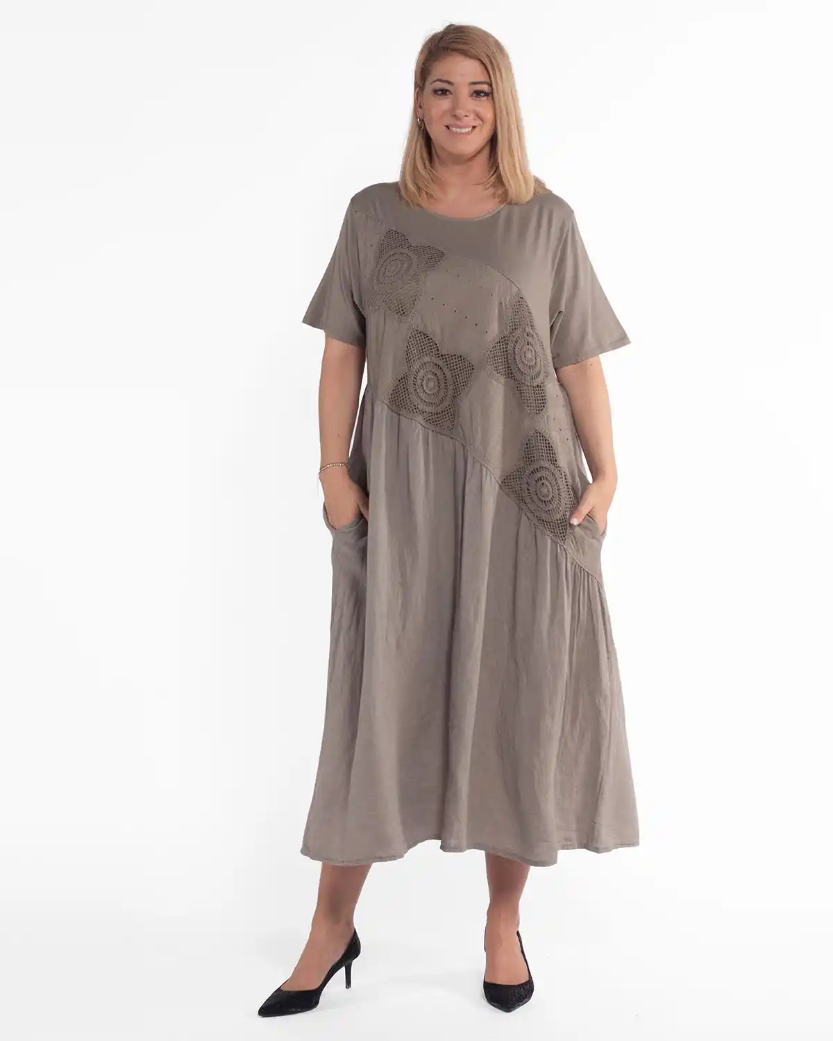 Rochie midi ecru din in cu flori din macrame [4]
