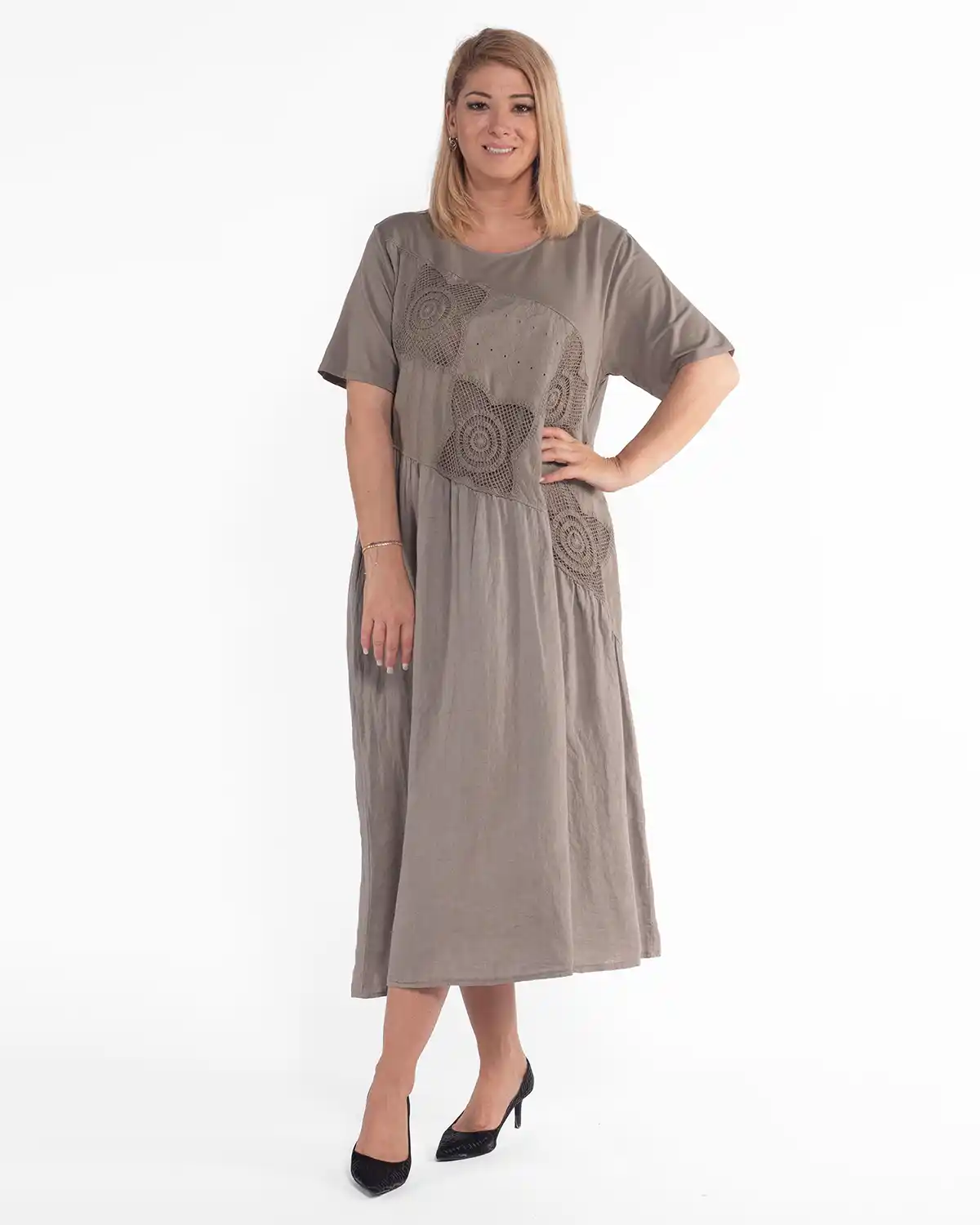 Rochie midi ecru din in cu flori din macrame [1]