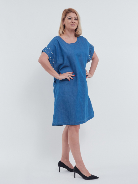 Rochie midi eleganta stil denim cu maneci scurte cazute si margini finisate cu perle si paiete croi A lejer albastru [2]