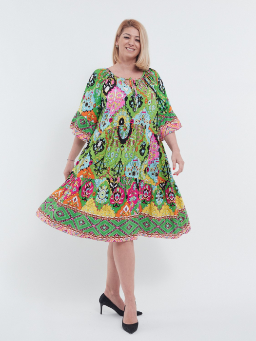Rochie midi eleganta talie unica din viscoza fluida cu imprimeu abstract volane chic la maneci si buzunare vernil [3]
