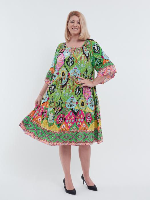 Rochie midi eleganta talie unica din viscoza fluida cu imprimeu abstract volane chic la maneci si buzunare vernil [4]