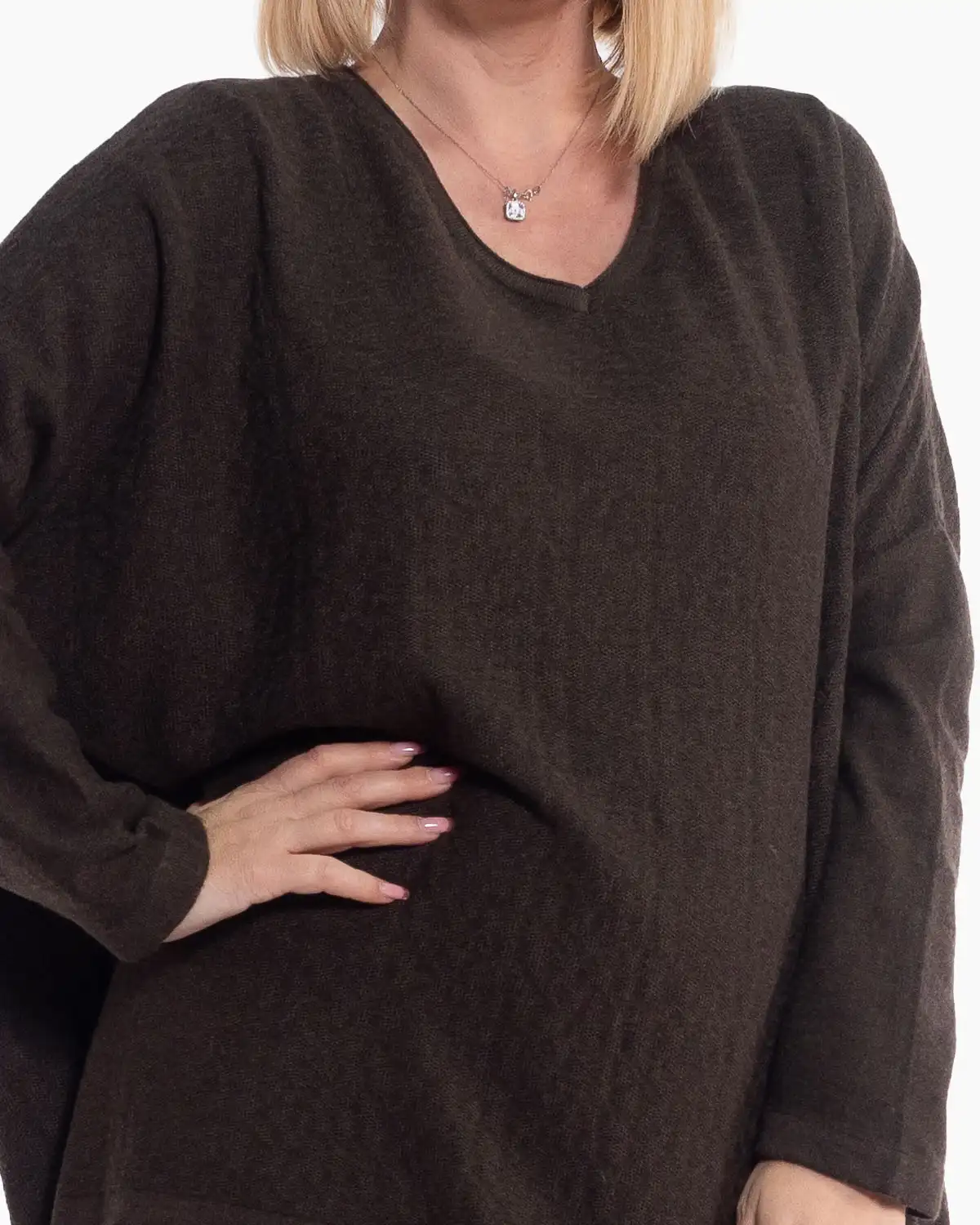Rochie midi fluidă maro din tricot fin de lână cu eșarfă inclusă [5]