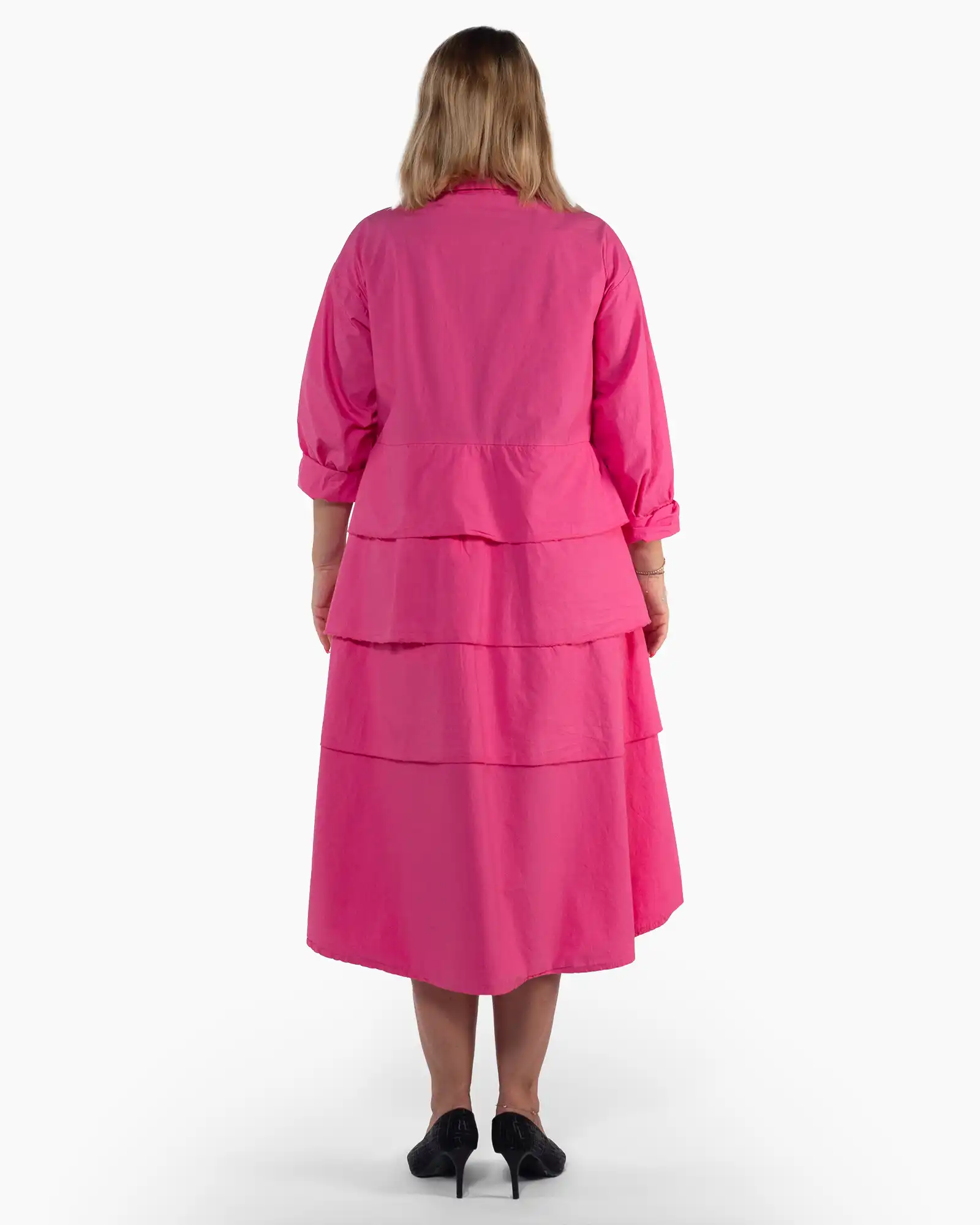 Rochie midi fucsia cu volane în cascadă și croială lejeră [2]