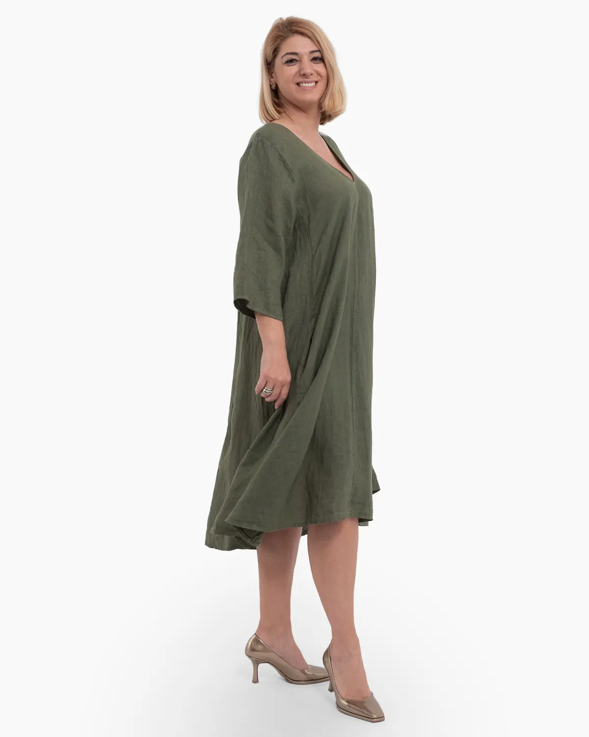 Rochie midi kaki din in cu decolteu în V [3]