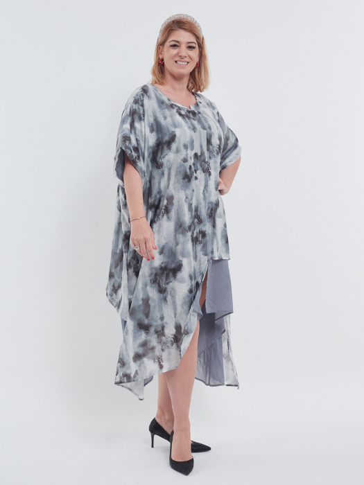 Rochie midi lejeră gri din voal cu imprimeu artistic și umeri căzuți [3]