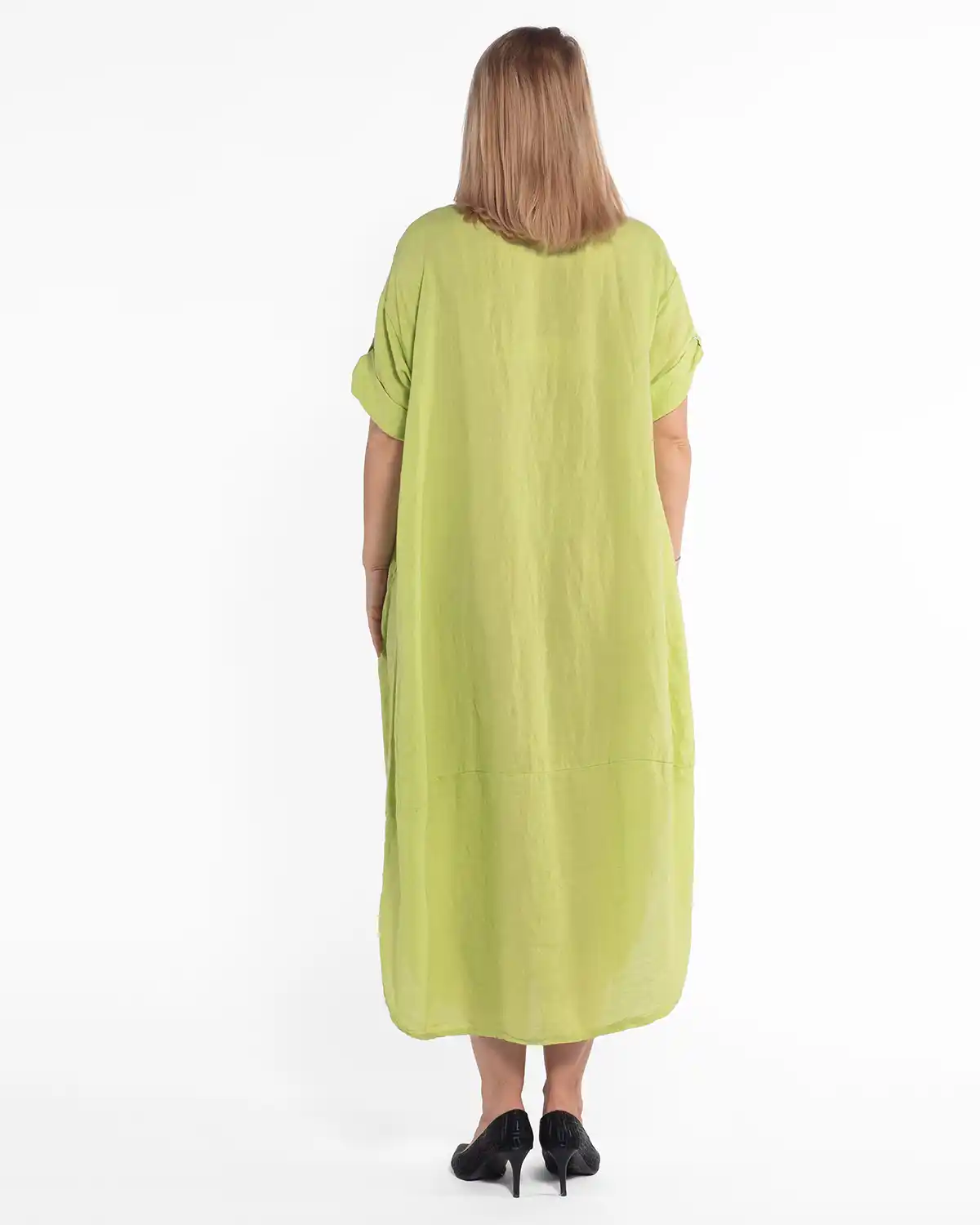 Rochie midi lime din in, amplă, cu buzunare, mărime unică [2]